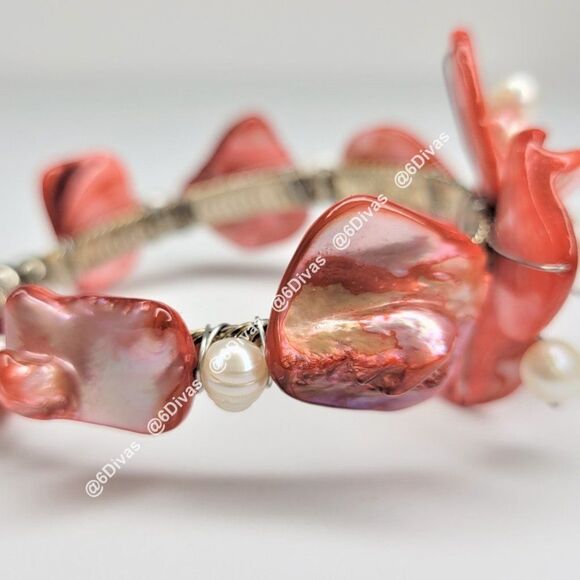 CORAL Color Sea Shell and  Pearl Cuff Bracelet Adjustable - Picture 6 of 10